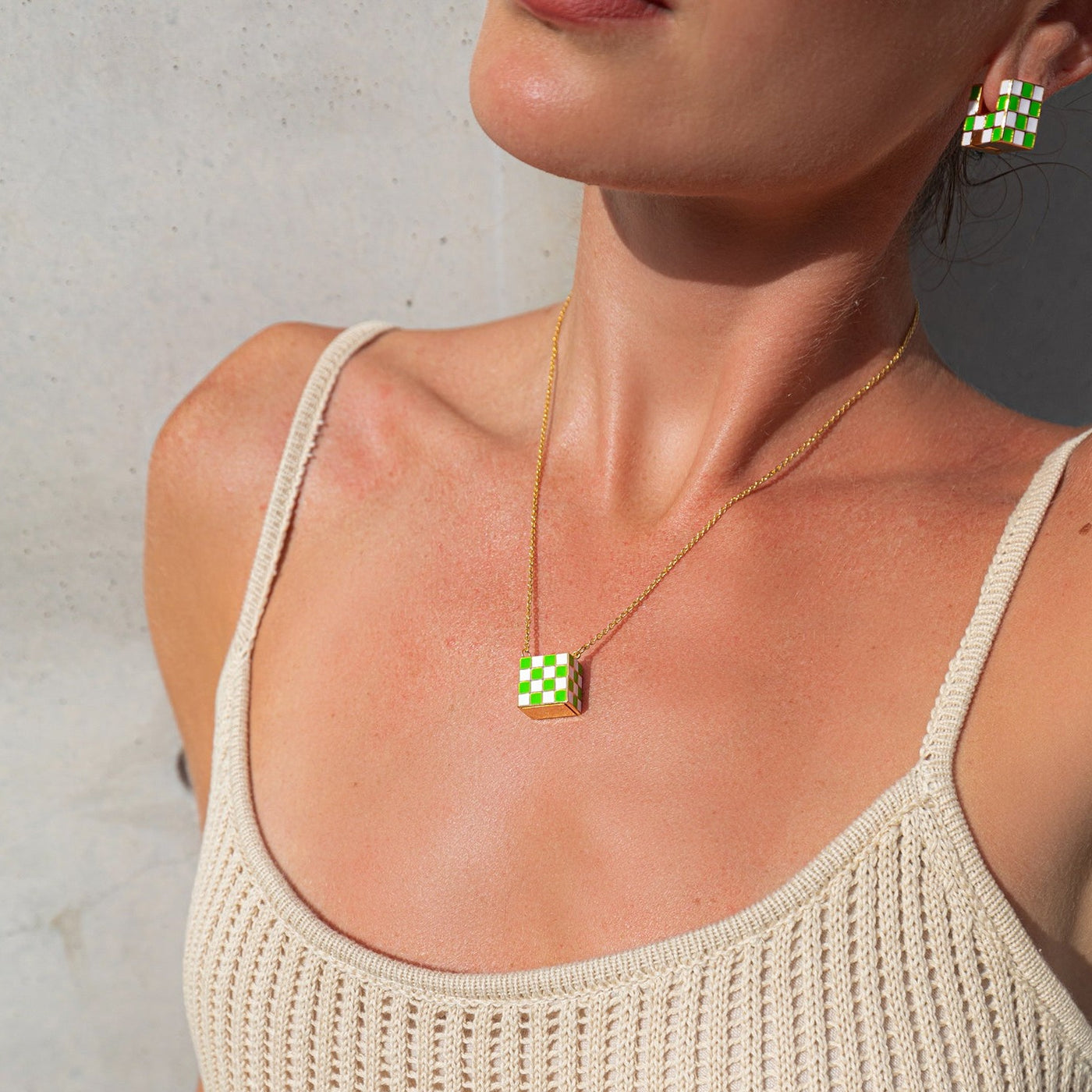 Quadro Necklace, 18KT Gold Plated & Green Enamel