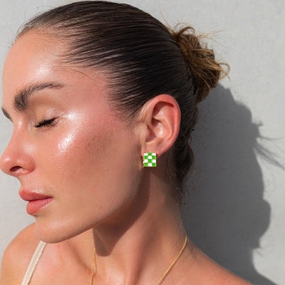 Quadro Checkered Hoops 18KT Gold Plated / Green Enamel