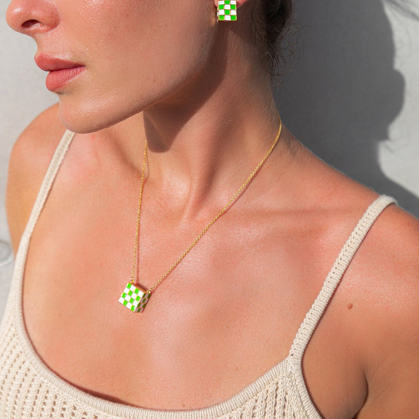 Quadro Necklace, 18KT Gold Plated & Green Enamel